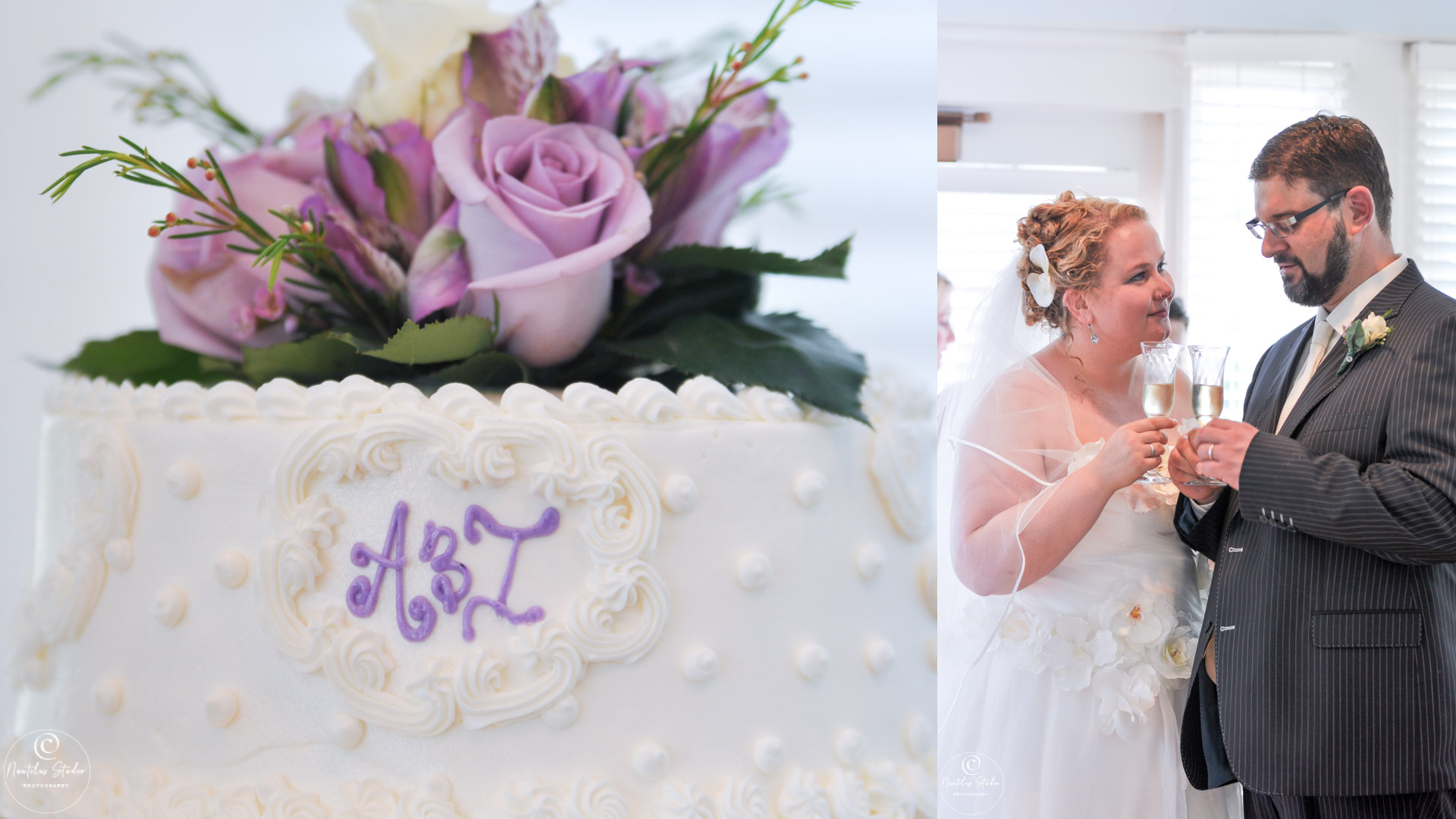 photo of wedding cake and couple toasting with champagne
