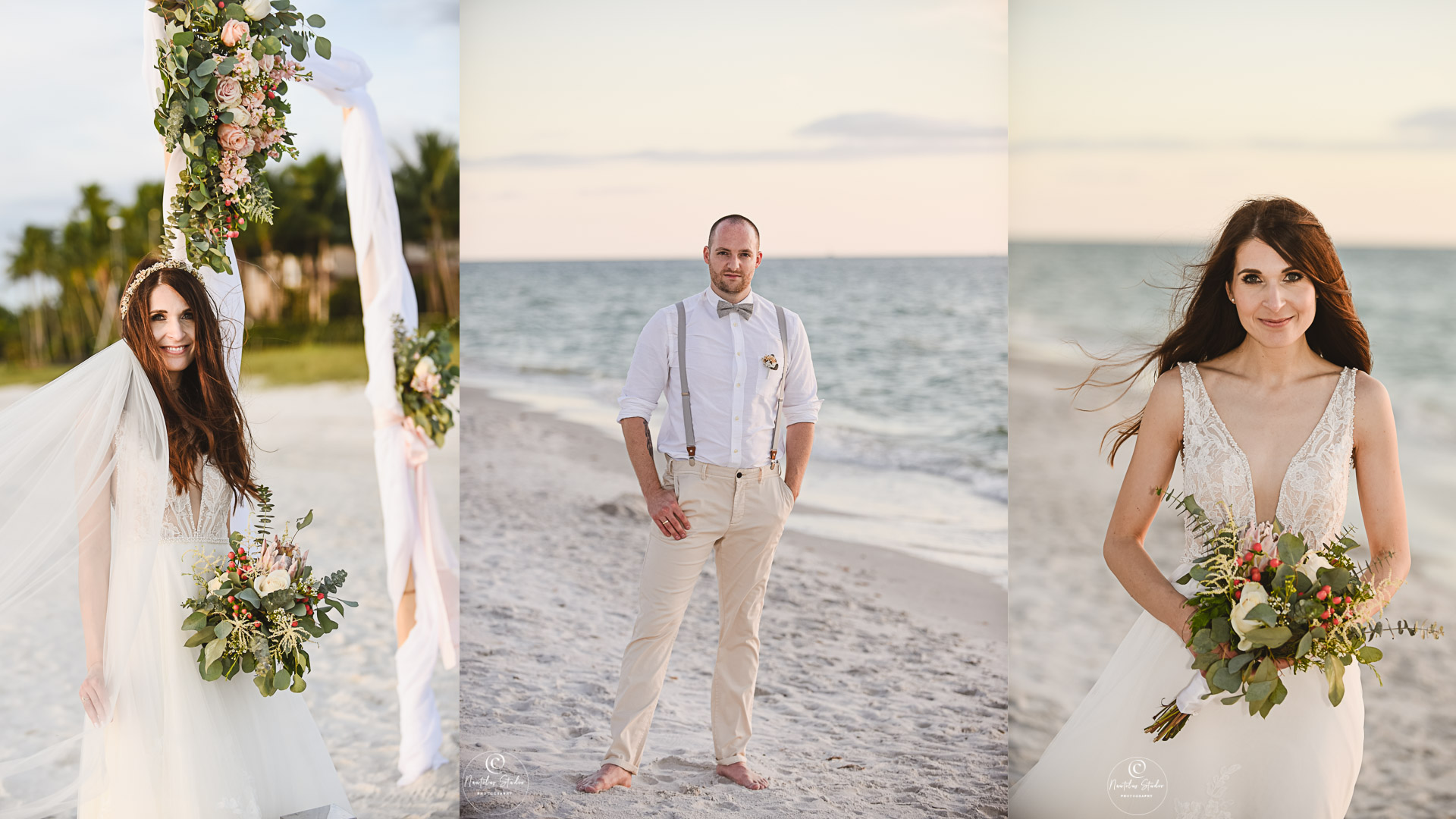 Photo showing portraits of a bride and groom on Naples Beach