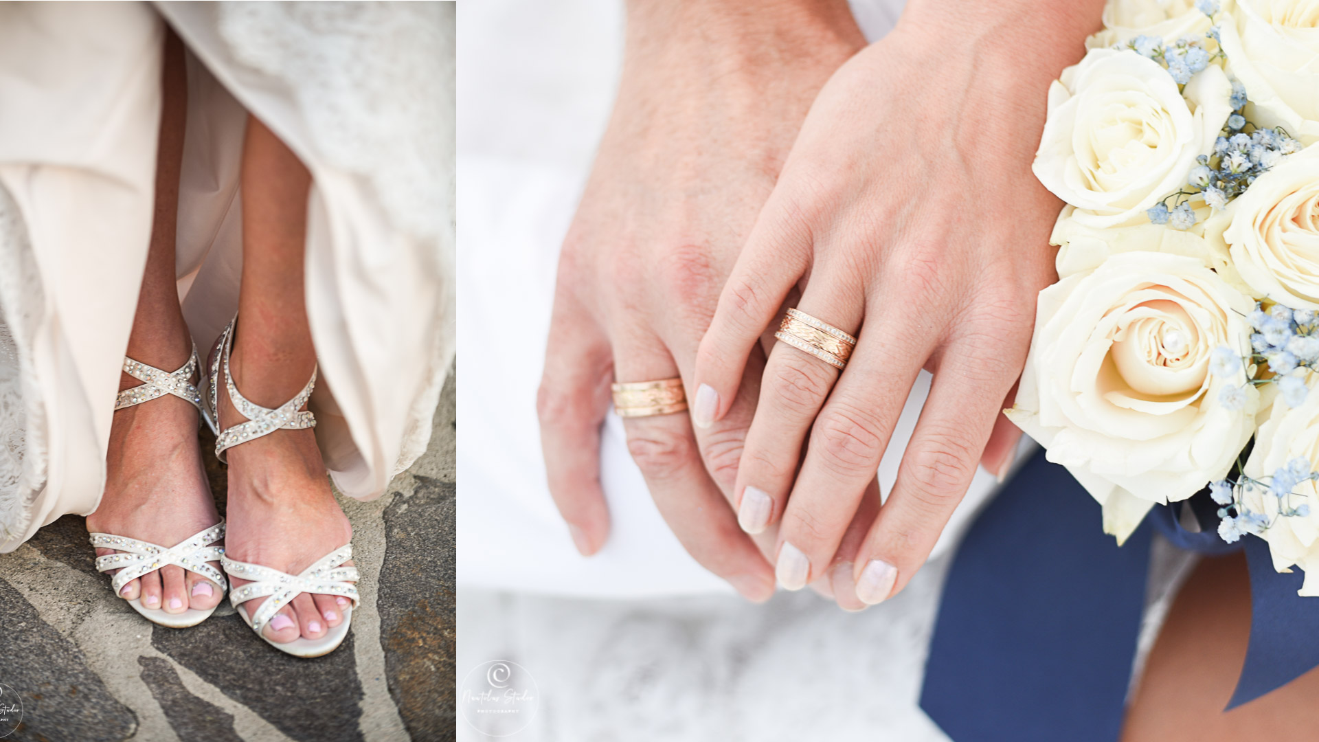 wedding manicure and pedicure photo of brides feet and couples hands with rings