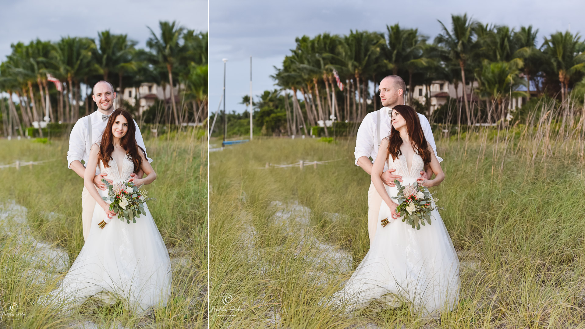 two photos showing couple standing in grass on Naples Beach