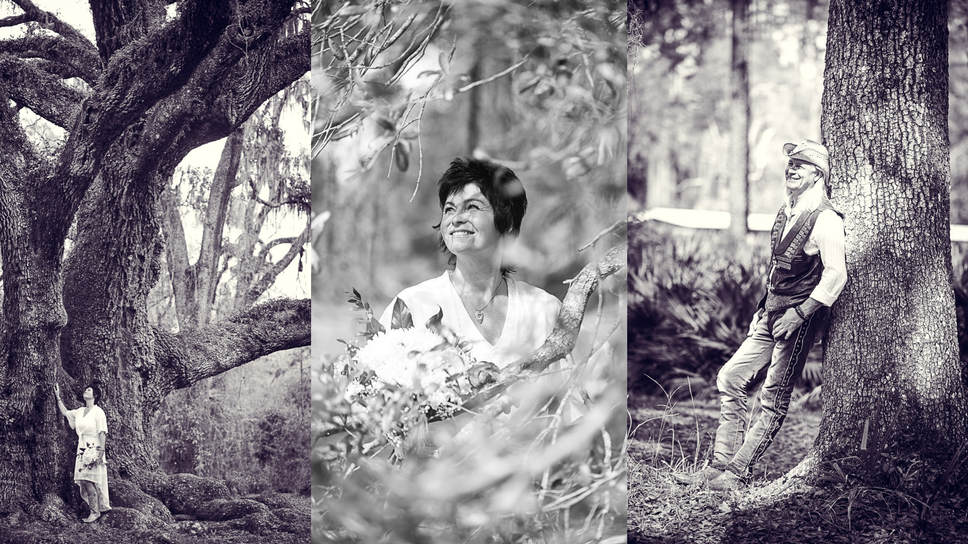 Photo collage bride and groom portraits under trees in black and white