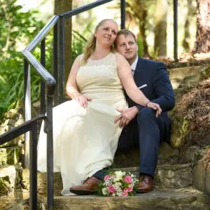 photo of couple sitting on stairs Dickson Azalea Park Orlando