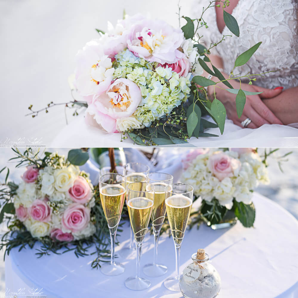Photo of exclusive beach wedding elopement showing flowers and decoration