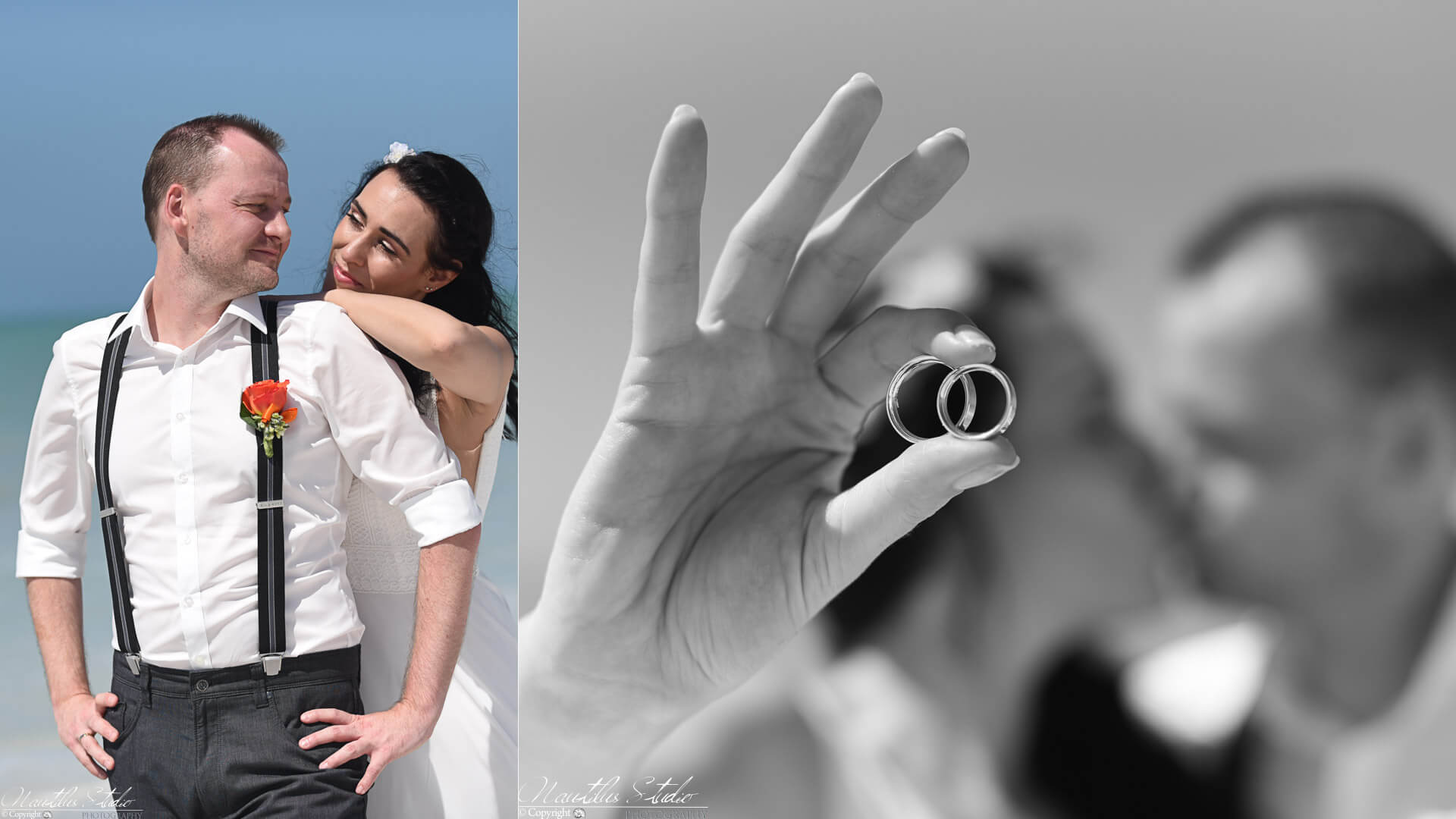 Commitment ceremony on the beach in Florida bride and groom showing their rings