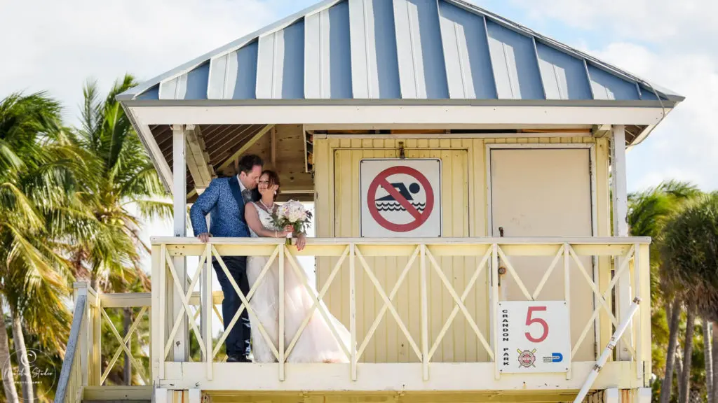 key biscayne wedding miami Photo of Key Biscayne beach wedding couple in the lifeguard tower