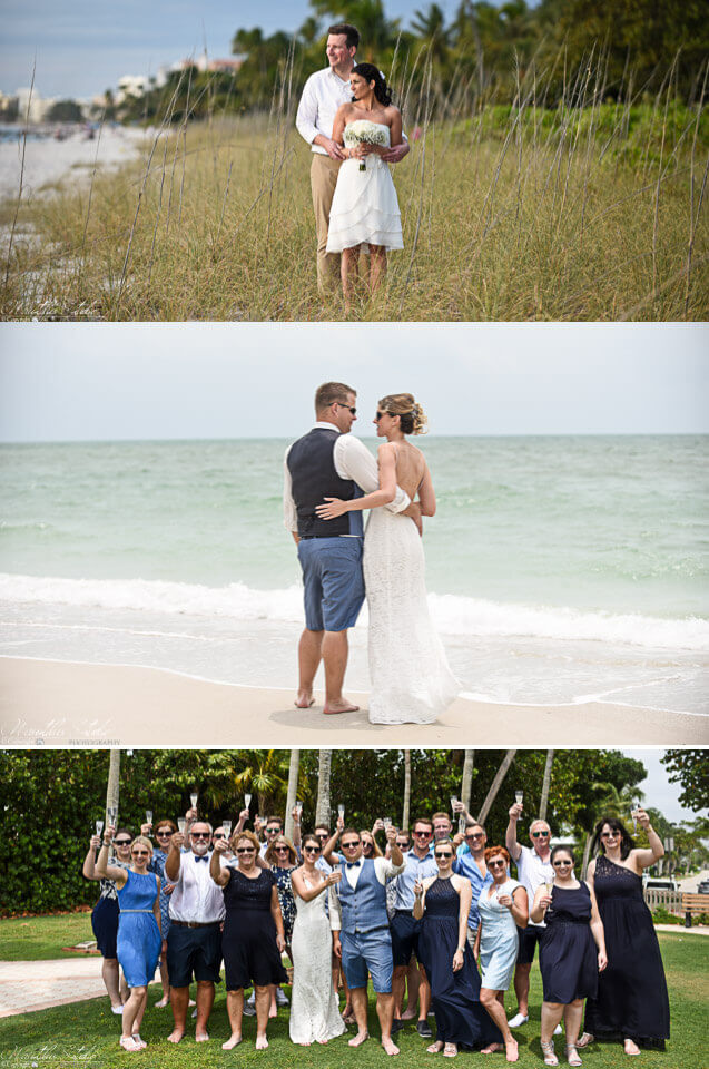 Naples beach wedding collage with photos of wedding couples and family
