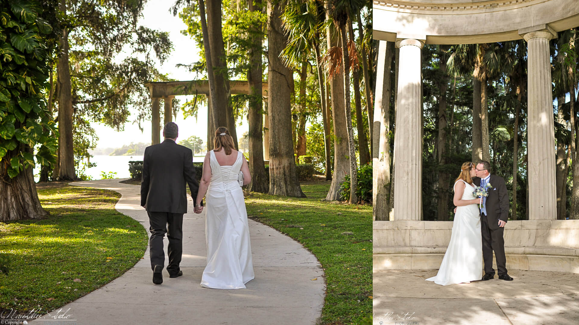 Photo of couple walking in Kraft Azalea Garden at their Orlando garden wedding