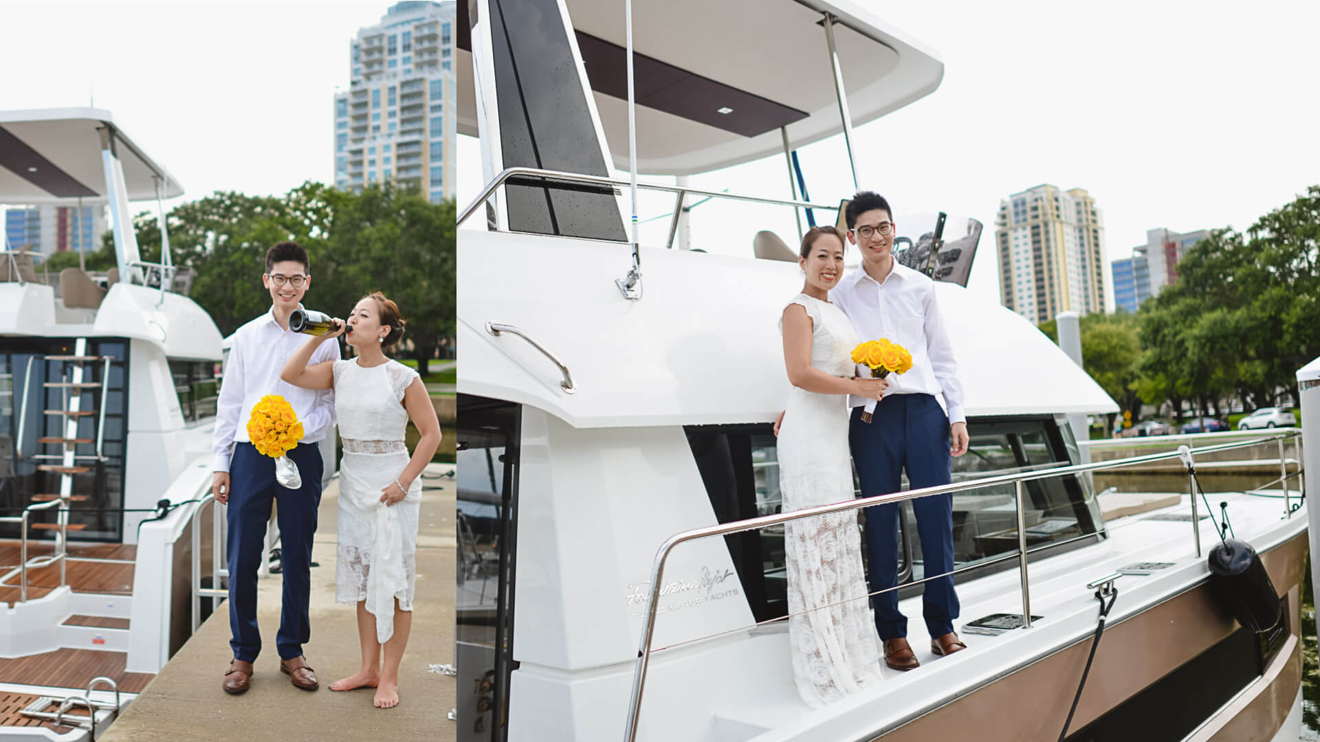 Photo from a yacht wedding in Florida showing couple embarking their boat having fun