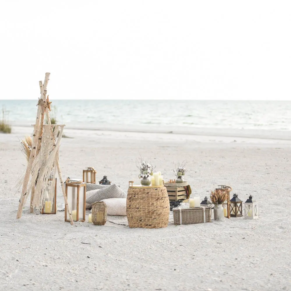 Bohemian picnic marriage proposal, photo of picnic set up all natural colors