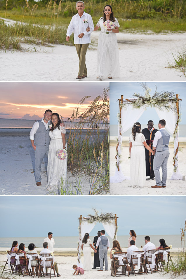Photo collage of micro wedding at Bowditch Park Point in Fort Myers Beach, showing couple and wedding ceremony