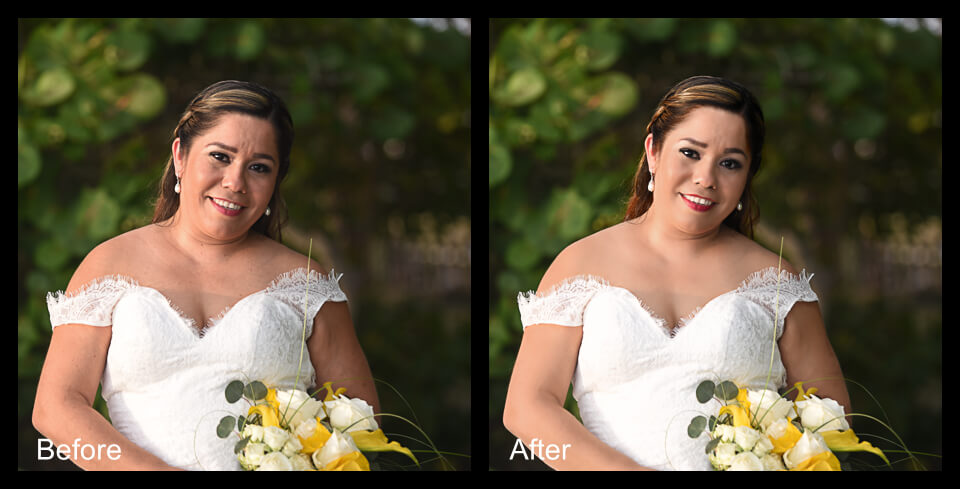 Photo of bride unedited and glamour shot edited