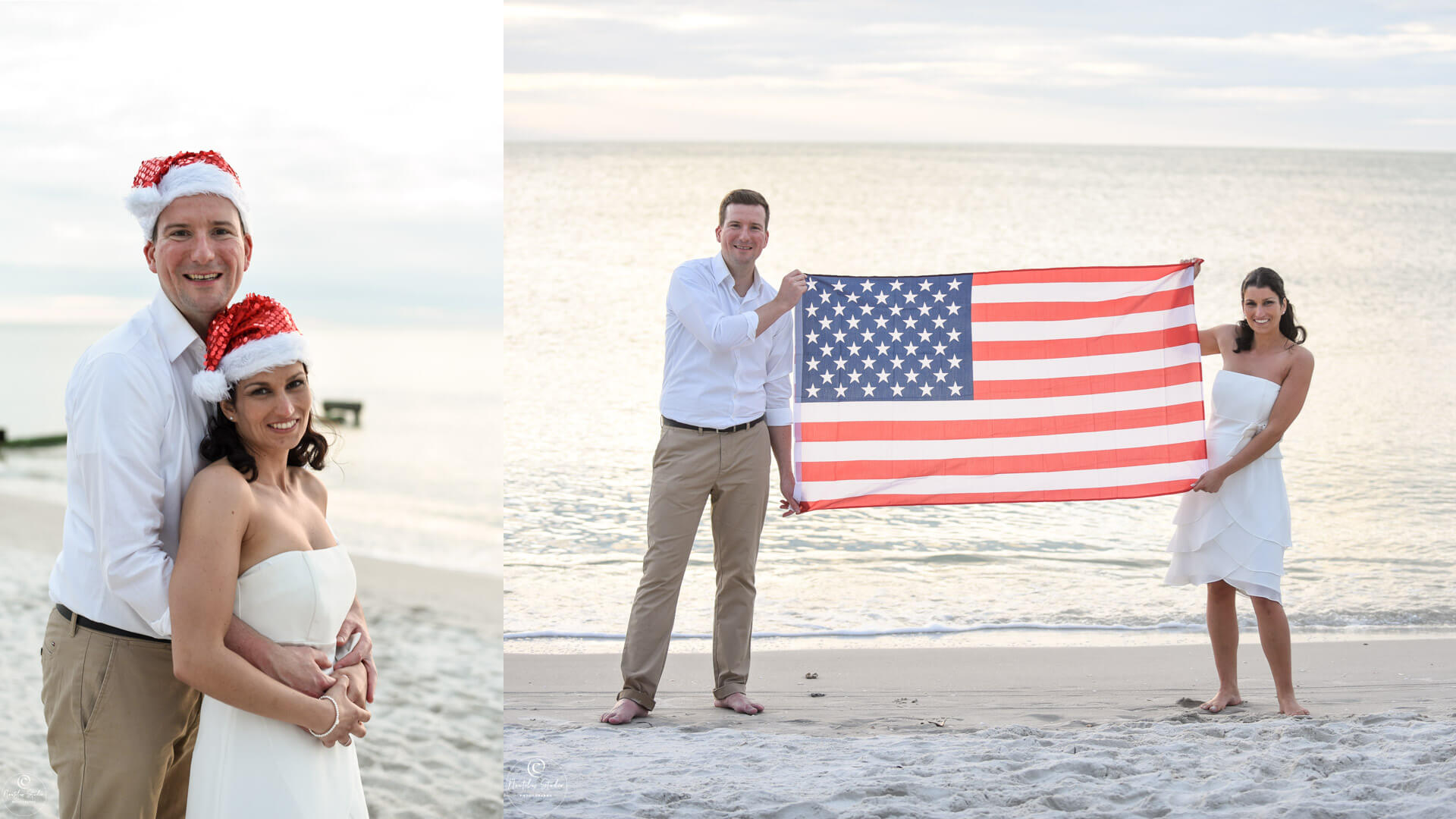 oto of bride and groom on beach wedding holding American Flag and wearing Santa hats.