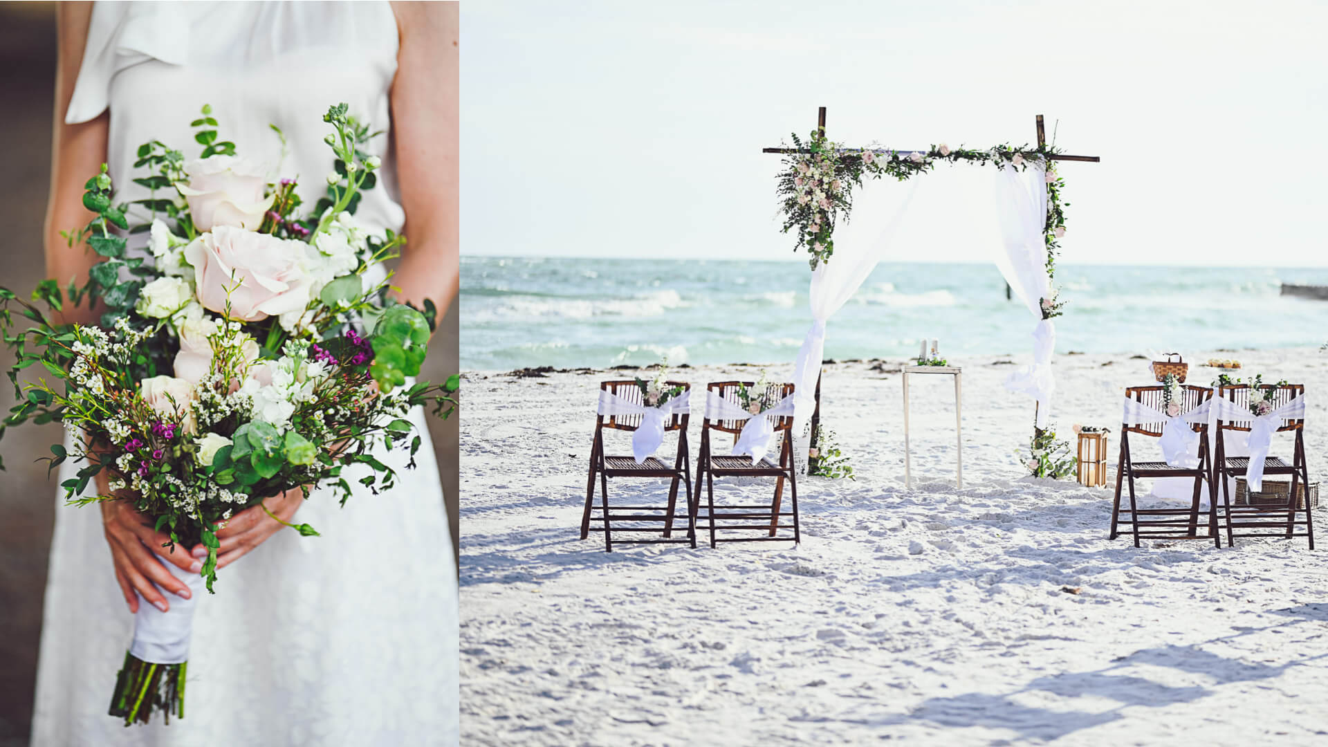 Image of vintage beach wedding with white and light pink fresh flowers and handtied bridal bouquet 