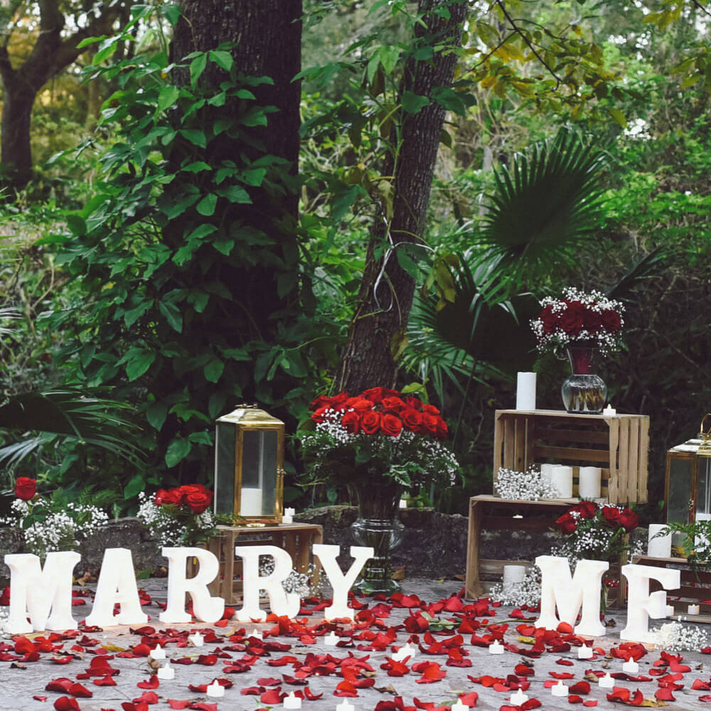 Roses in the park marriage proposal package in Orlando. Photo showing lighted marry me letters and lots of roses and rose petals and decorated wooden crates.