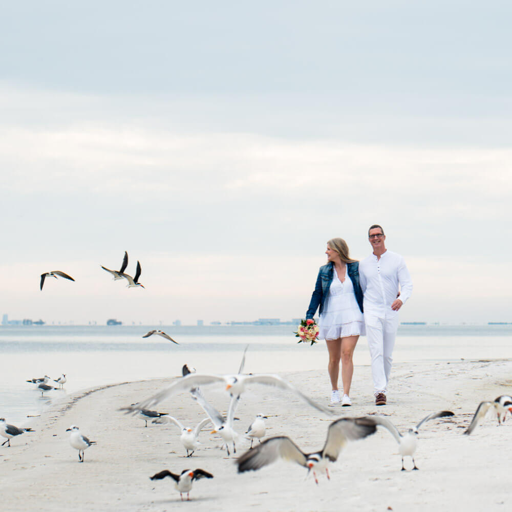 Wedding elopement package in Florida showing couple walking on the beach with seagulls
