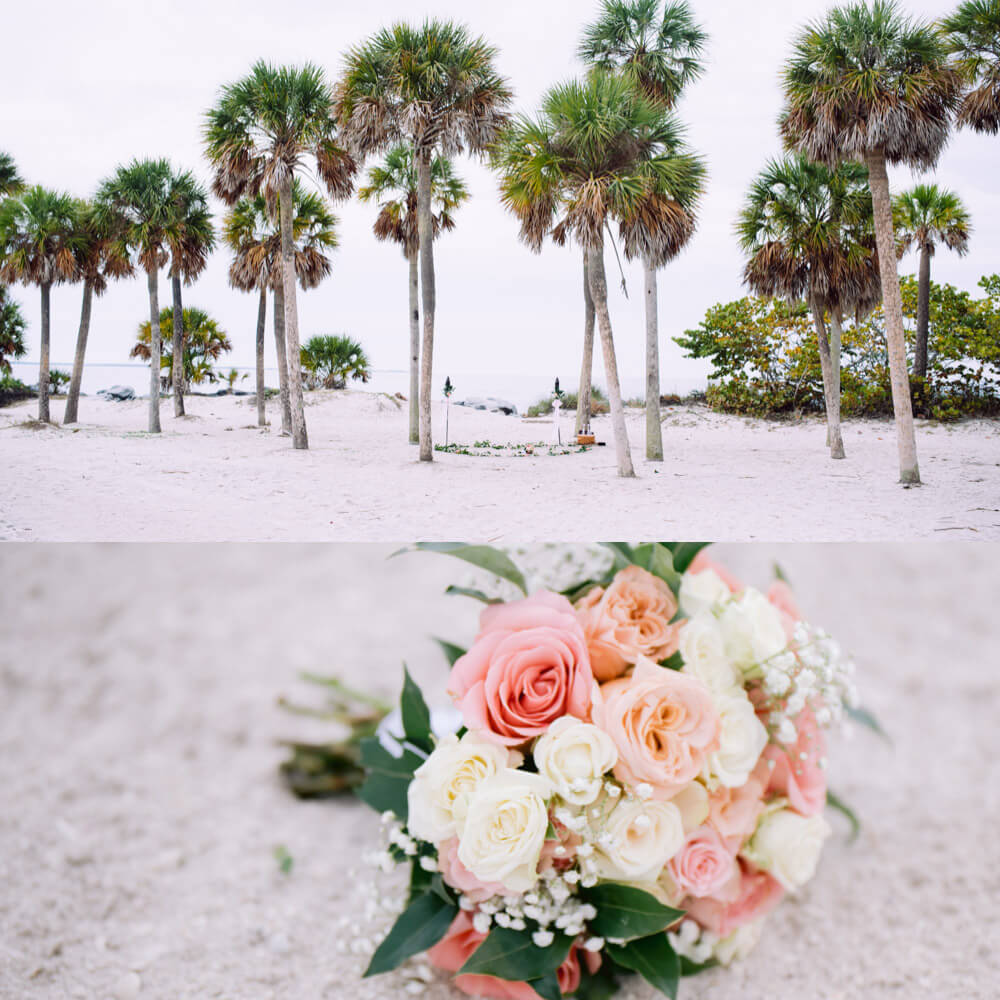 Photo of wedding decoration with heart in the sand under palm trees at Fred Howard Park in Tarpon Springs.