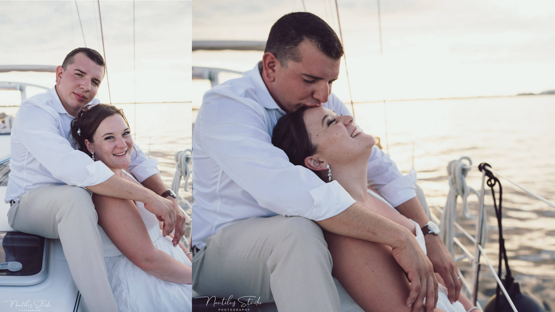Photo of wedding couple at their sailboat elopement during sunset