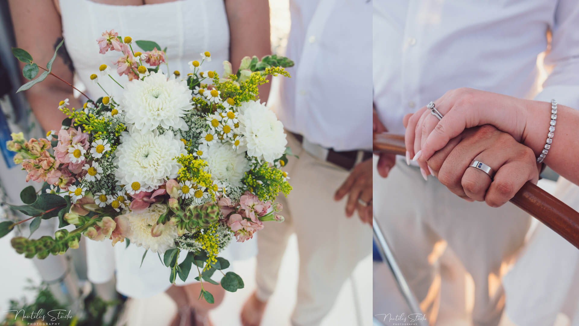Photo of a bridal bouquet and wedding bands 