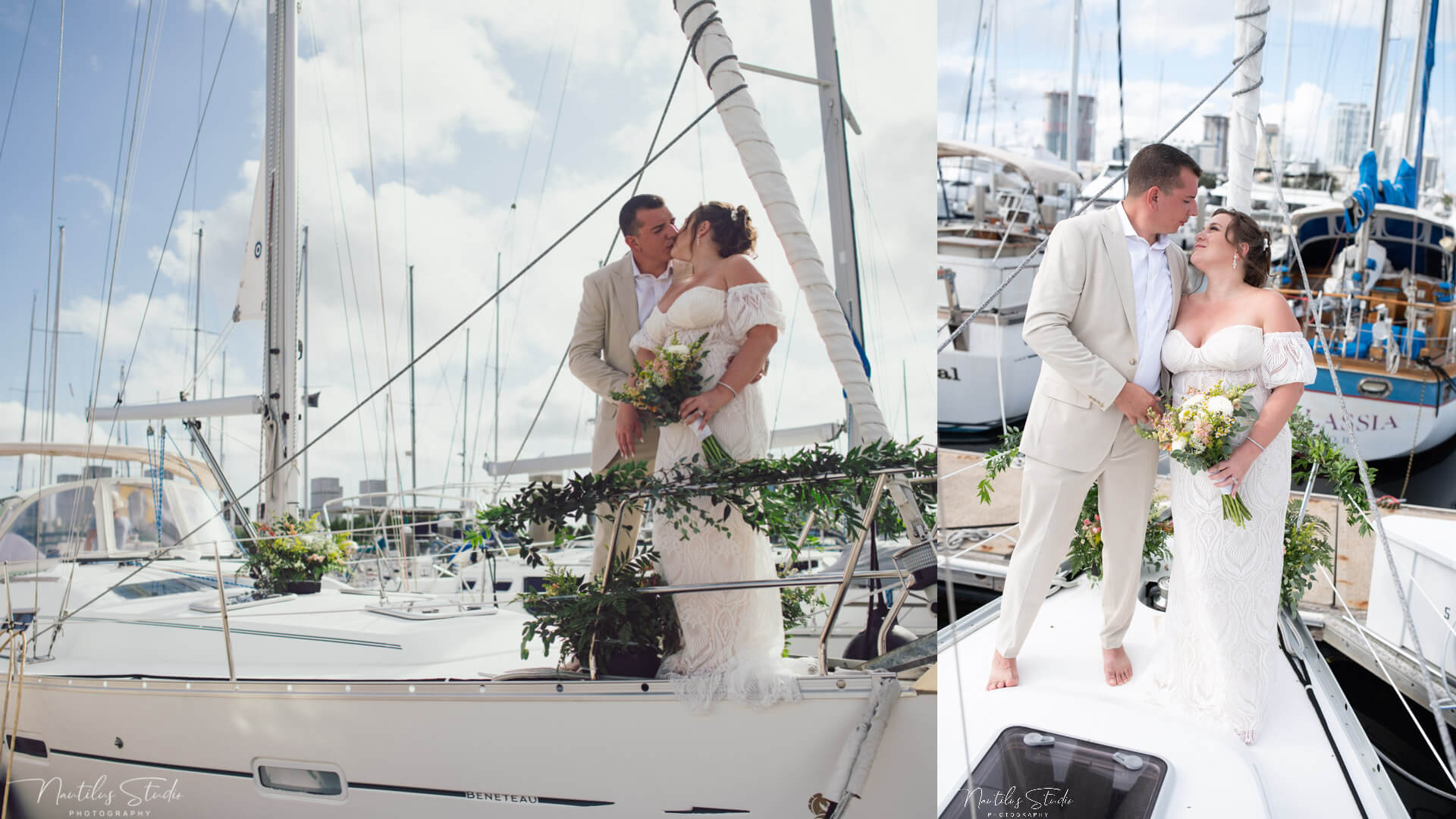 Exclusive sailboat wedding photo of bride and groom on sailboat in the harbor.