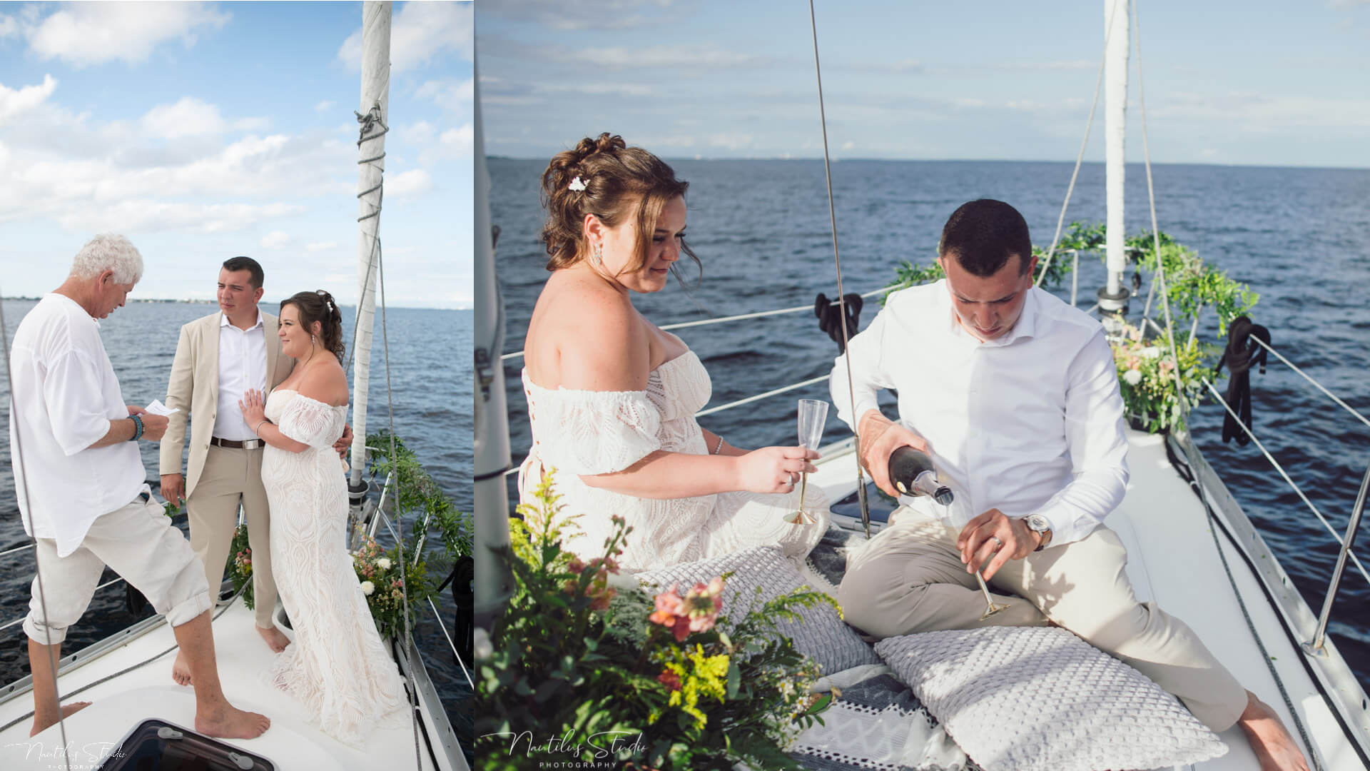 Photo of wedding couple during the ceremony and drinking champagne on their sailboat eleopement