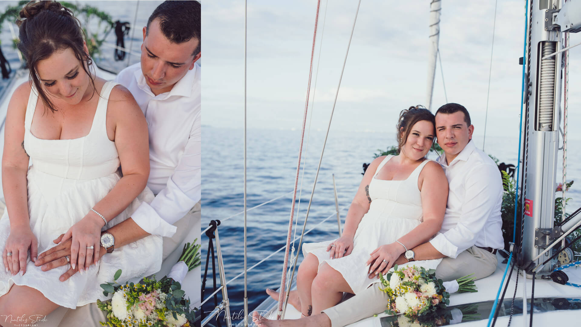 Sailboat Elopement in St Petersburg. Photo showing bride and groom sitting on deck 
