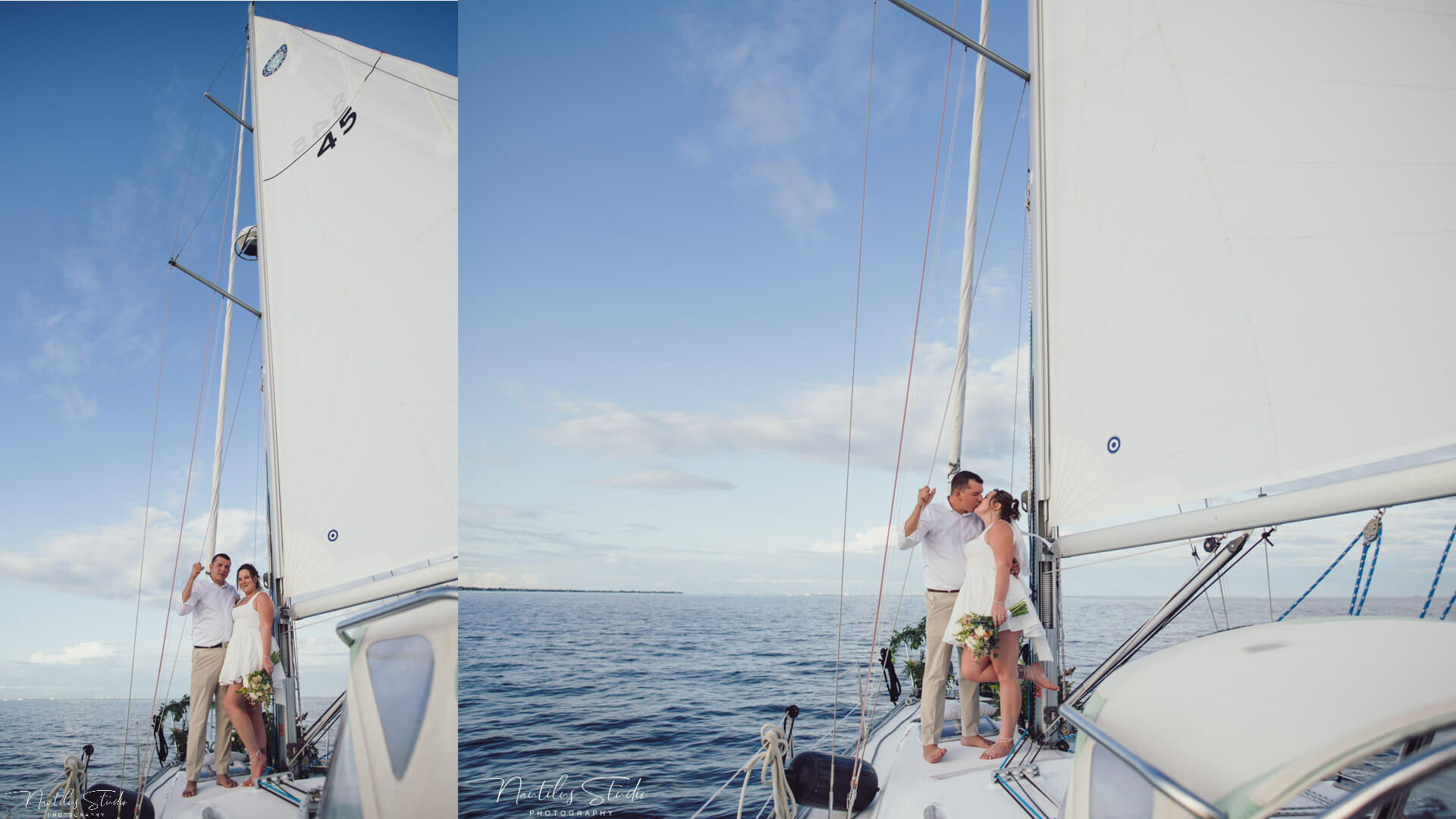 Photo of bride and groom sailing with blue skies and kissing on their sailboat elopement in Tampa Bay