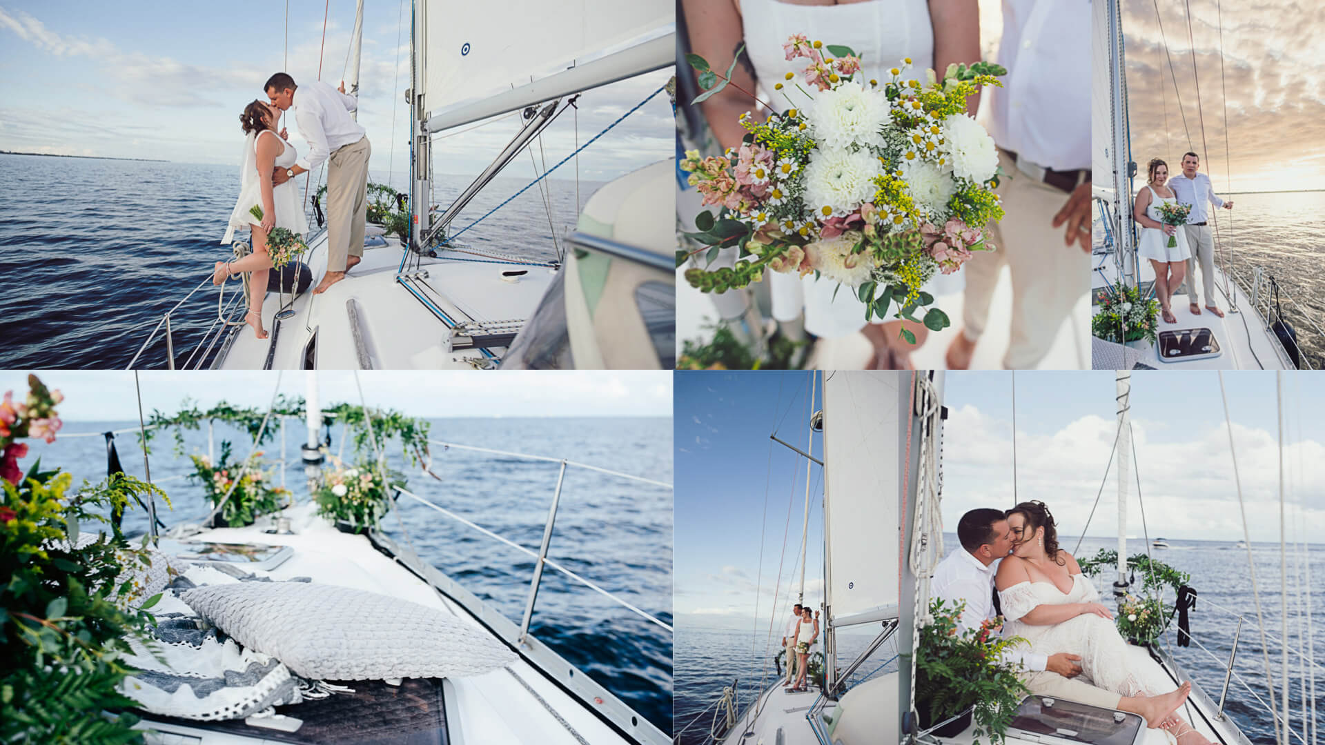 Photo of exclusive sailboat elopement in St Petersburg Florida showing decorated sailboat and wedding couple in different poses