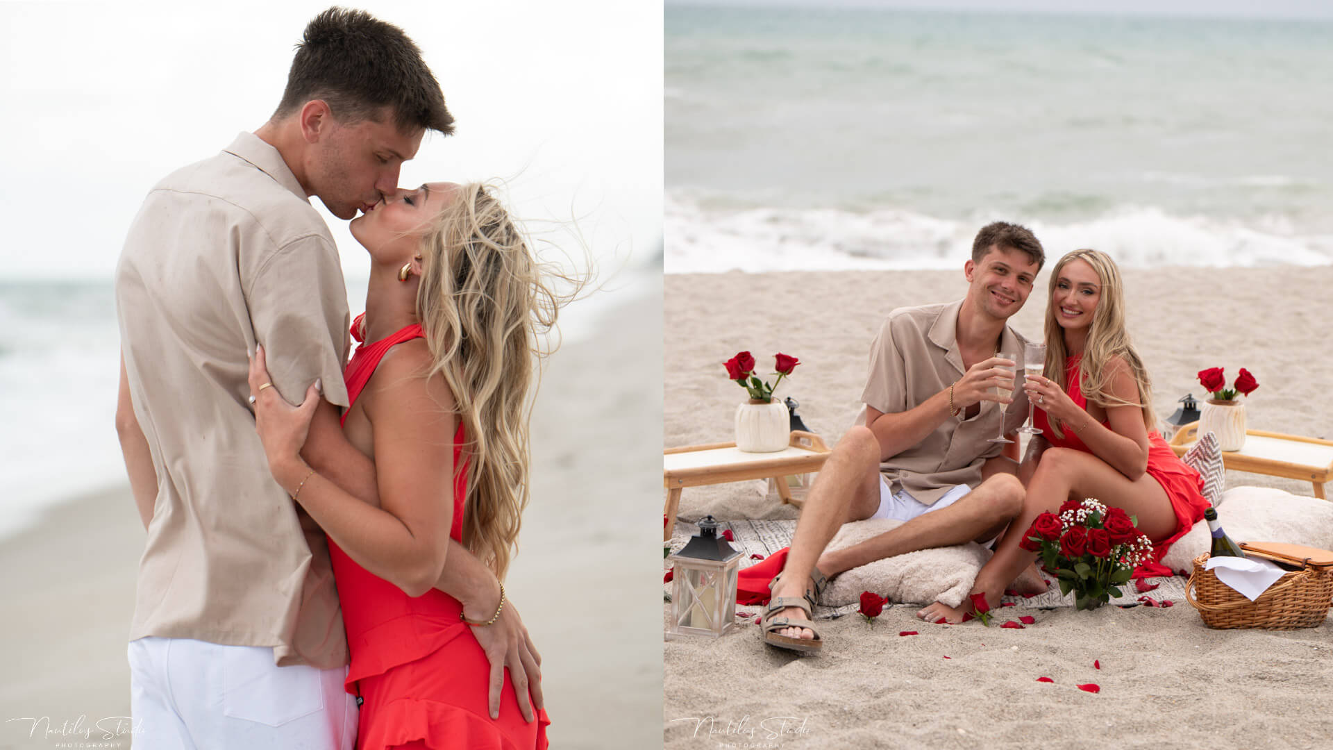 Photo of marriage proposal on the beach in Tampa. Showing newly engaged couple kissing and toasting