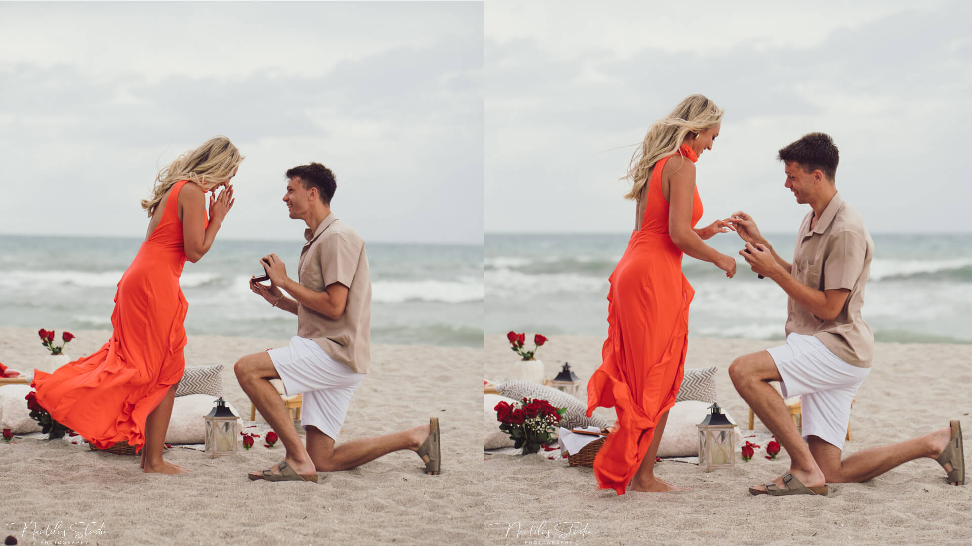 Photo of a marriage proposal on the beach. Image showing groom kneeling down