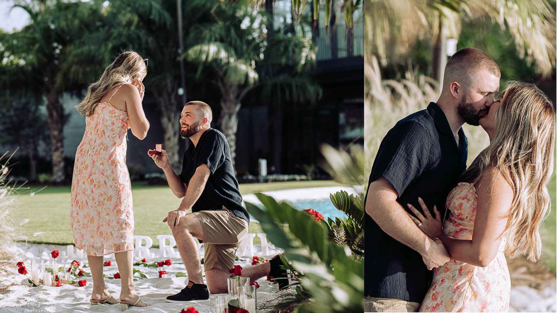 Photo of man kneeling down and proposing to his girlfriend at the Evermore Resort in Orlando