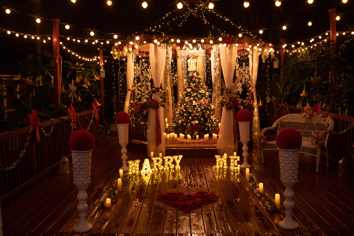 Marriage Proposal during Christmas season photo showing decorated gazebo with lights and Christmas Tree